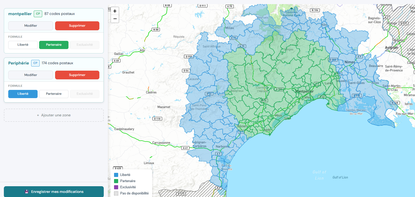 Exemple de configuration des zones d'intervention
